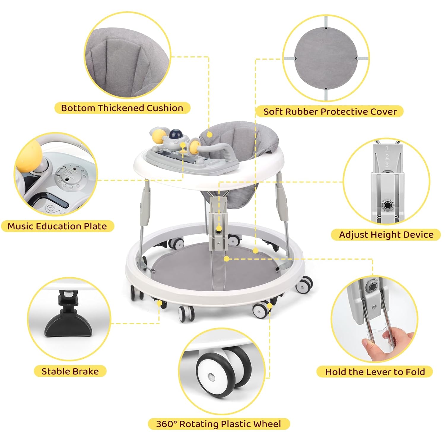 PRVAETU Foldable Baby Walker Activity Center W/ Wheels,Height Adjustable,Music Toy & Foot Pad for 6-18 Months Babies Infant Boys Girls