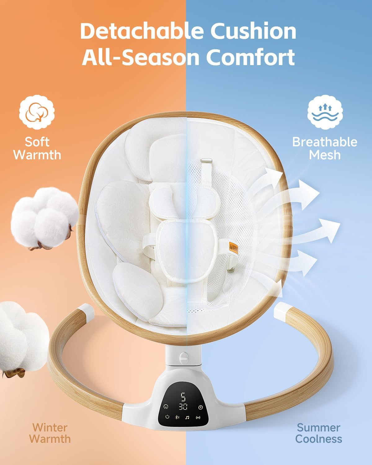 PRVAETU Baby Swing for Infants,5 Speeds,10 Lullabies,5-Point Harness,Electric Rocking Chair for Toddlers with Bluetooth,Remote Control,Touch Panel