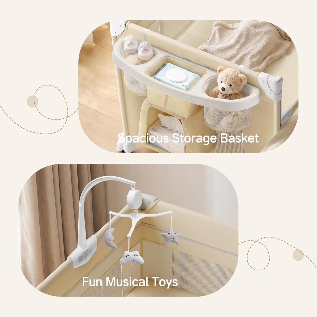 PRVAETU 4 in 1 Baby Bassinet for Baby, Bedside Bassinet & Crib Sleeper with Wheels, Diaper Changer, Mattress, Foldable Design for Newborn to Toddler