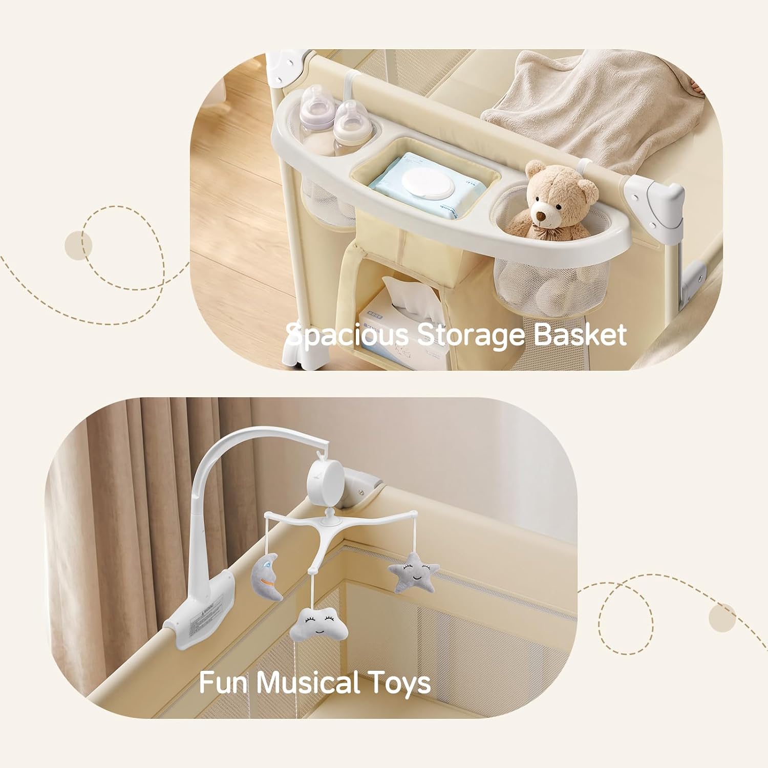 PRVAETU 4 in 1 Baby Bassinet for Baby, Bedside Bassinet & Crib Sleeper with Wheels, Diaper Changer, Mattress, Foldable Design for Newborn to Toddler