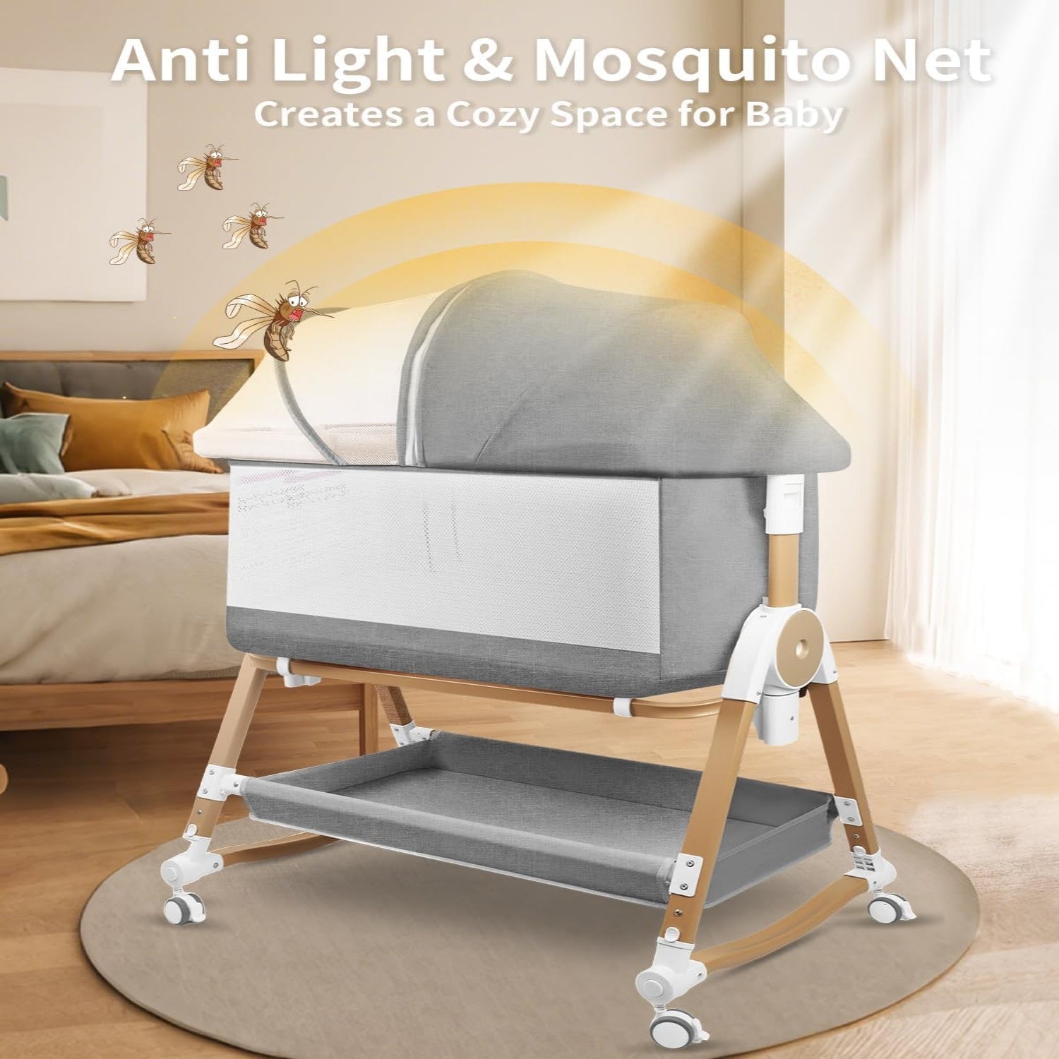 PRVAETU 4 in 1 Baby Bassinet Bedside Sleeper W/ Wheels,Storage Basket,Adjustable 7 Heights,Mosquito Net,Breathable Mesh Cradle for Infants Toddler