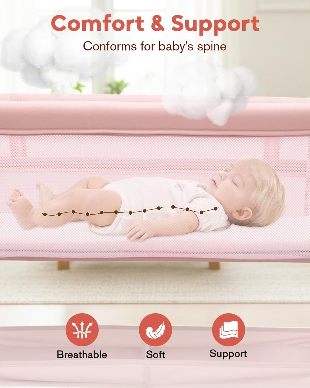 PRVAETU Baby Bassinet, Bedside Bassinet for Baby, Bassinet Bedside Sleeper with Mattress, Storage Basket and 4 Auto-Lock Wheels, Full-Mesh Sides, Bedside Crib for Newborn