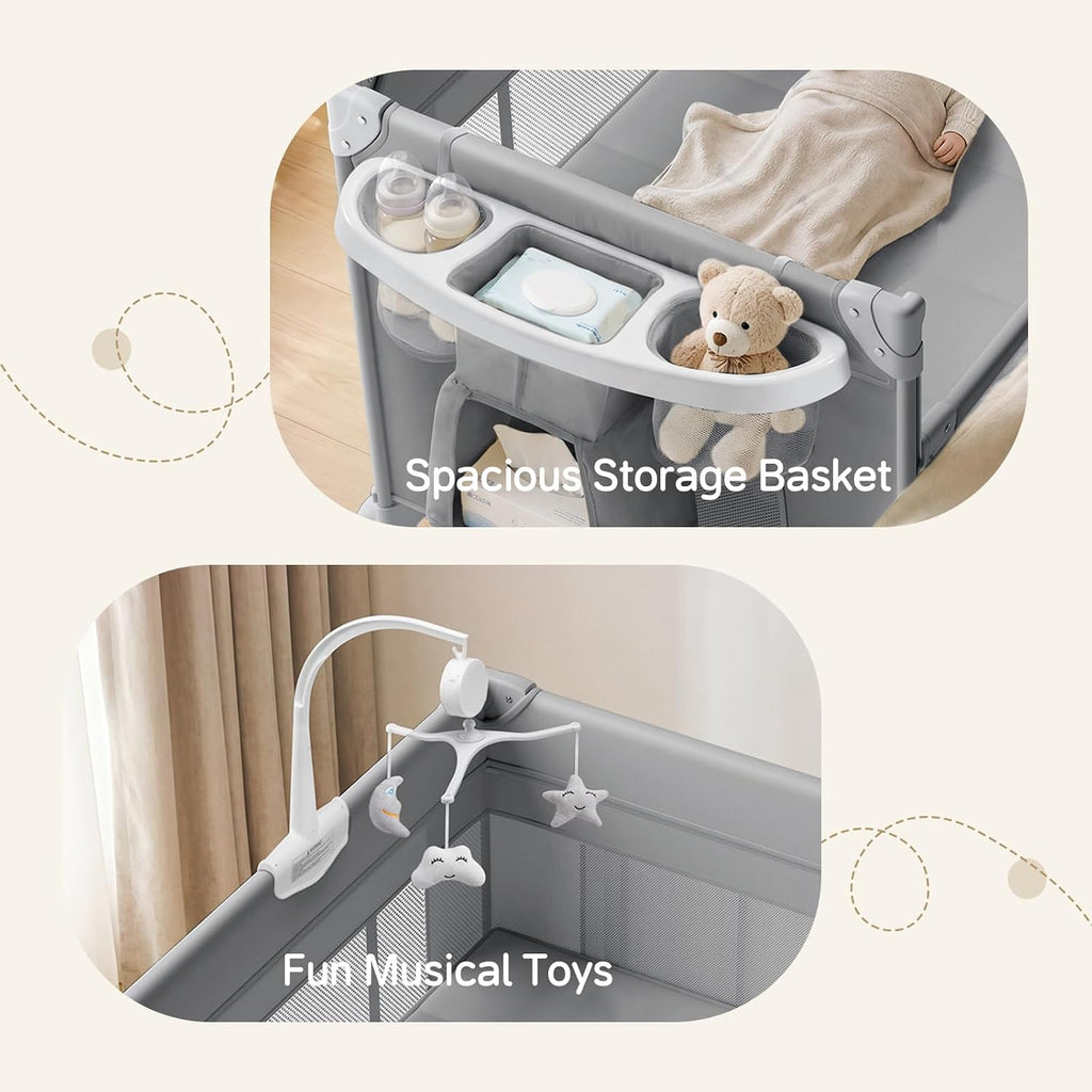 PRVAETU 4 in 1 Baby Bassinet for Baby, Bedside Bassinet & Crib Sleeper with Wheels, Diaper Changer, Mattress, Foldable Design for Newborn to Toddler