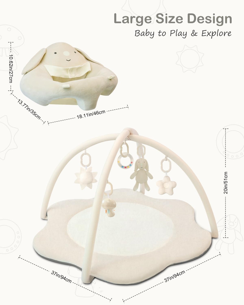 PRVAETU Baby Gym Play Mat, Sitting-up Babies Seats for Infants,with 5 Detachable Toys, Infant Toddler Activity Tummy Time Playmats for Newborn 0-12 Months