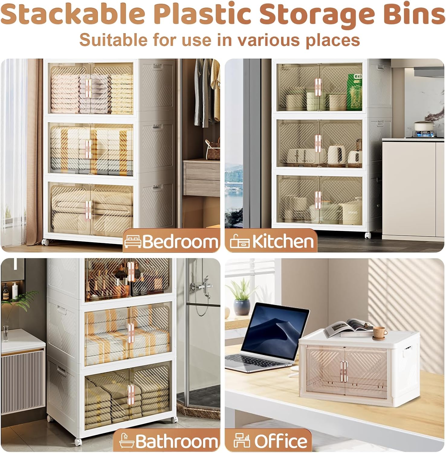 PRVAETU Storage Bins Storage Containers with Wheels and Magnetic Doors, Plastic Clothes Closet Organizers and Storage Box for Home and Office