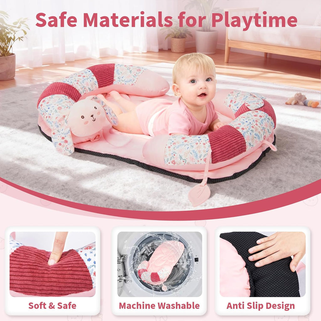 PRVAETU 2in1 Tummy Time & Seat Support Baby Play Mat with 5 Sensory Toys, Baby Floor Seat for Sitting, Soft, Supportive, Essentials Development Gifts for Newborn Infant