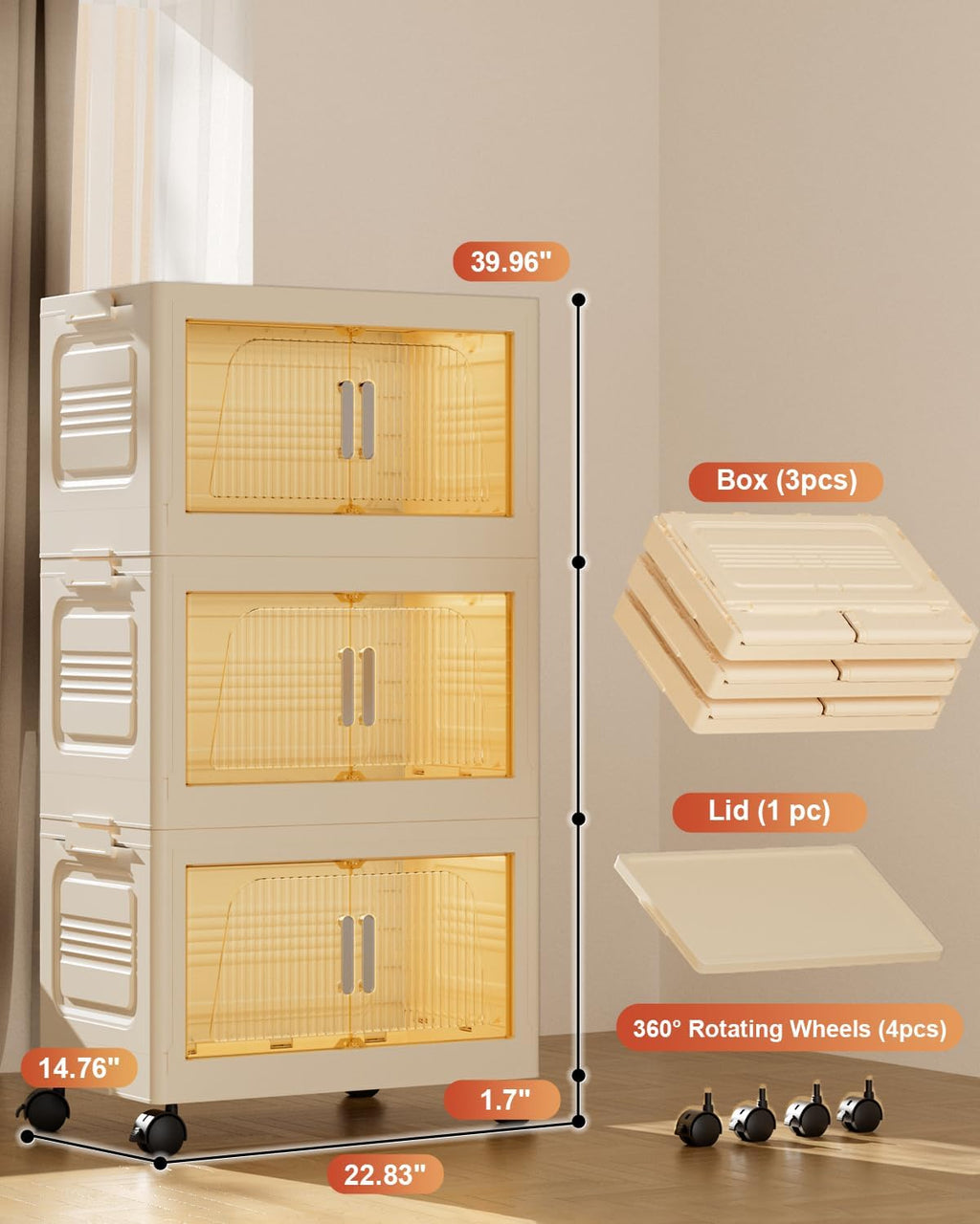 PRVAETU Stackable Storage Bins with Lids, Storage Containers W/ Wheels,Collapsible Plastic Closet Organizers for Home, Office,Dorm