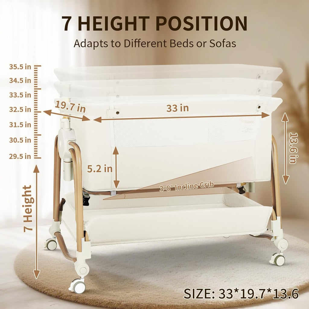 PRVAETU 4-in-1 Baby Bassinet & Bedside Sleeper for Babies, 7-Level Height Adjustable, Wheels with Storage Basket, Breathable Mesh,White