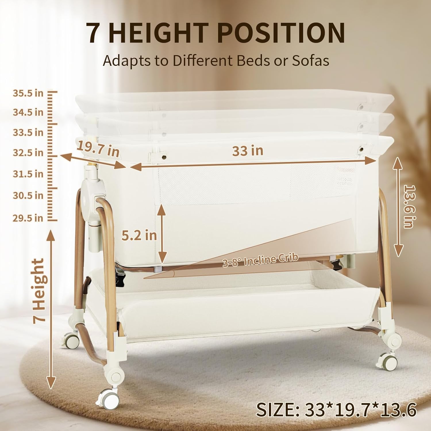PRVAETU 4-in-1 Baby Bassinet & Bedside Sleeper for Babies, 7-Level Height Adjustable, Wheels with Storage Basket, Breathable Mesh,White