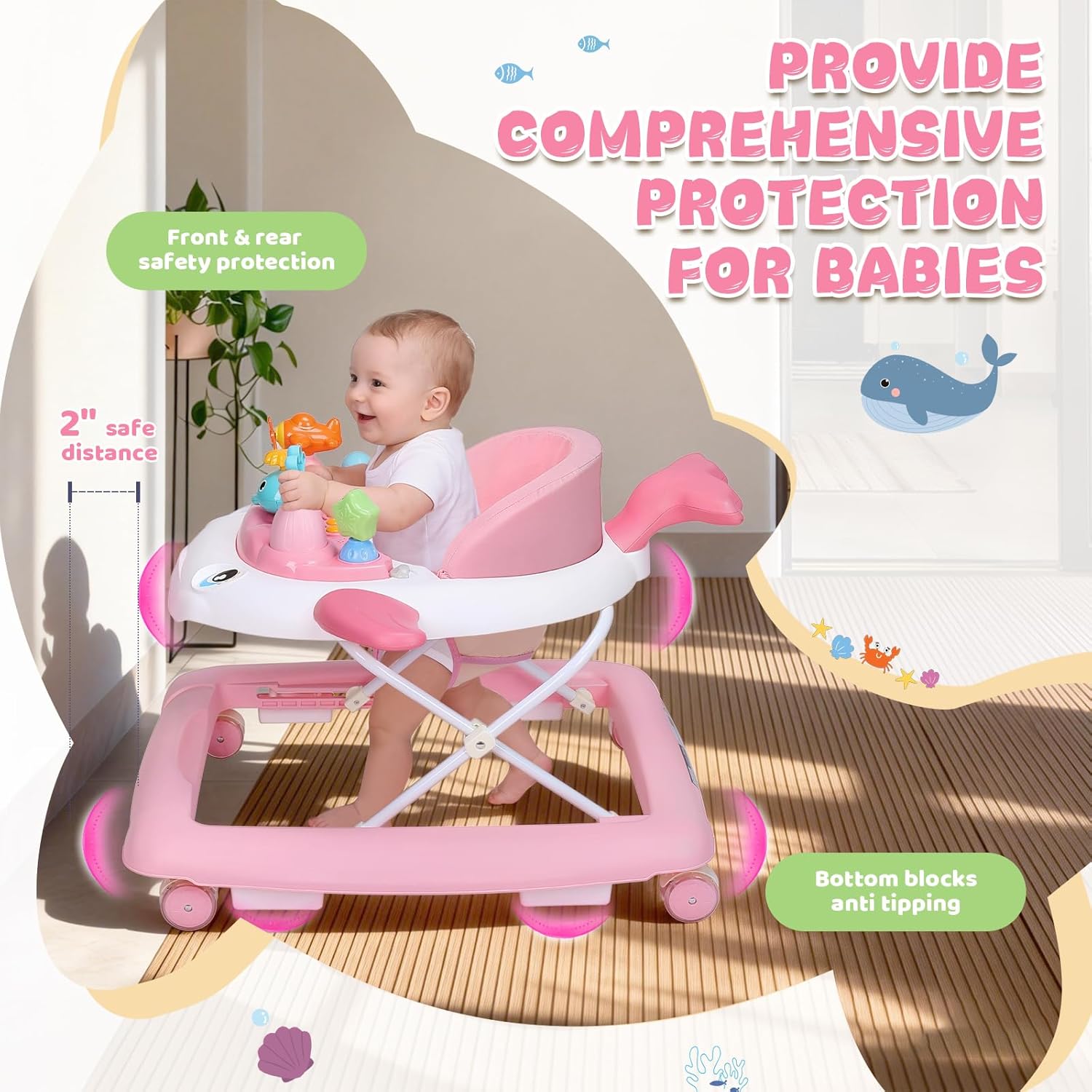 PRVAETU Baby Walker & Activity Center W/ Music & Lights,3 Adjustable Height, Anti-Rollover & Foldable Design for Infant Boy and Girl 6-18 Months
