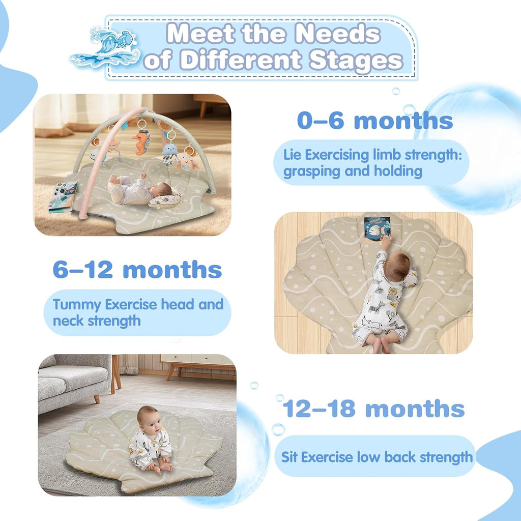 PRVAETU Baby Play Gym Mat, Oversize Tummy Time Activity Mat with 6 Detachable Toys for Infant 0-12 Months Sensory Exploration Skill Development