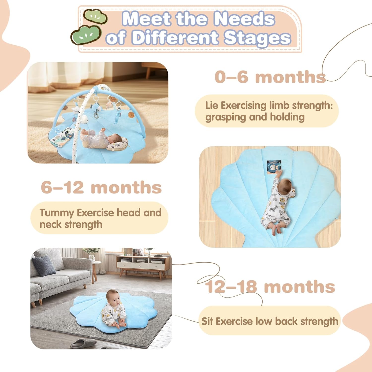 PRVAETU Baby Play Gym Mat, Oversize Tummy Time Activity Mat with 6 Detachable Toys for Infant 0-12 Months Sensory Exploration Skill Development