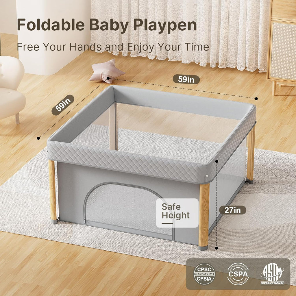 PRVAETU One Step Foldable Playpen with Mat for Babies Boys & Girls, Large Playard with Storage Bag for Infant Toddler Indoor Outdoor Use
