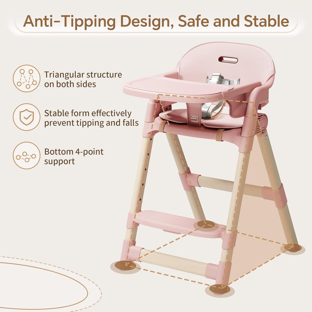 PRVAETU Convertible High Chair for Babies and Toddlers with Removable Easy-Clean Tray, Adjustable Legs, Foldable Feeding Chair