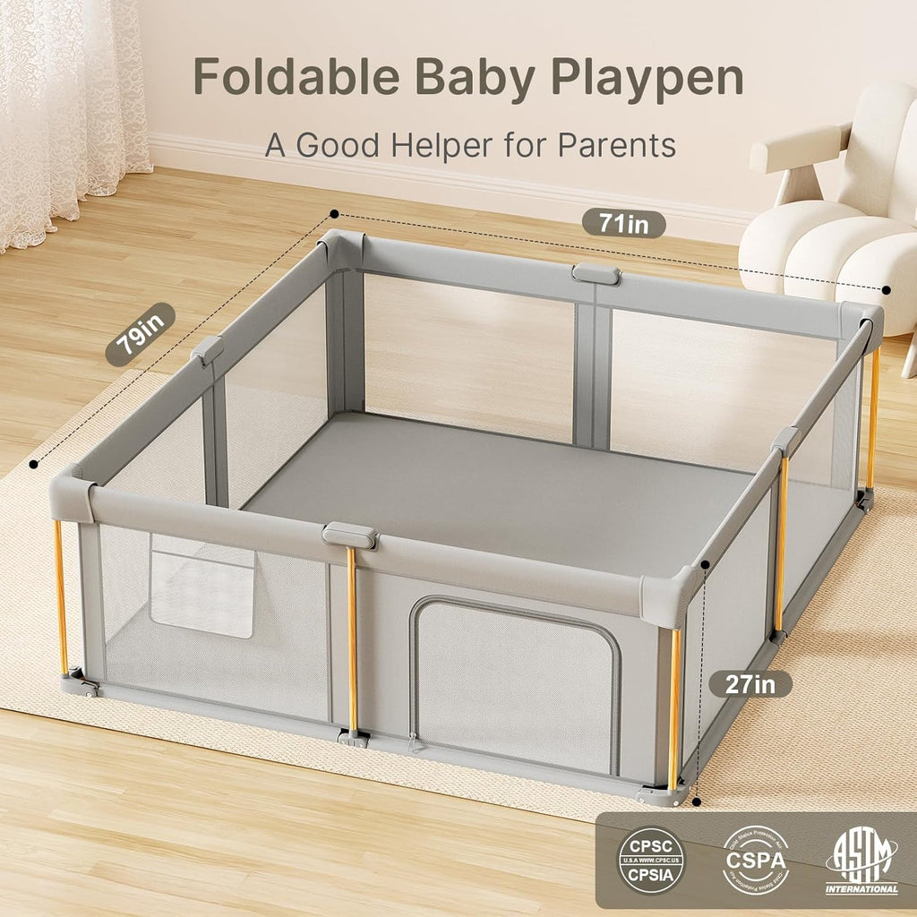 PRVAETU Foldable Baby Playpen with Mat, Play Yard Fence for Babies Boys Girls Toddlers, Large Playard W/ 300D Fabric for Infant and Kids