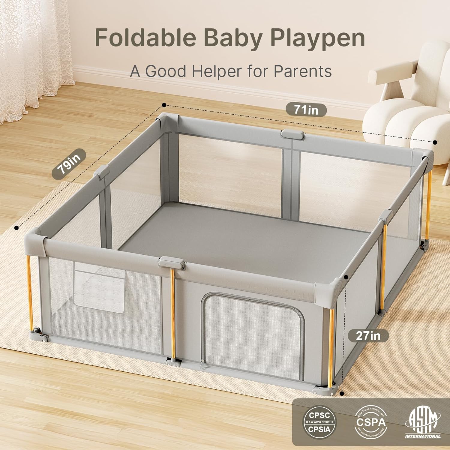 PRVAETU Foldable Baby Playpen with Mat, Play Yard Fence for Babies Boys Girls Toddlers, Large Playard W/ 300D Fabric for Infant and Kids