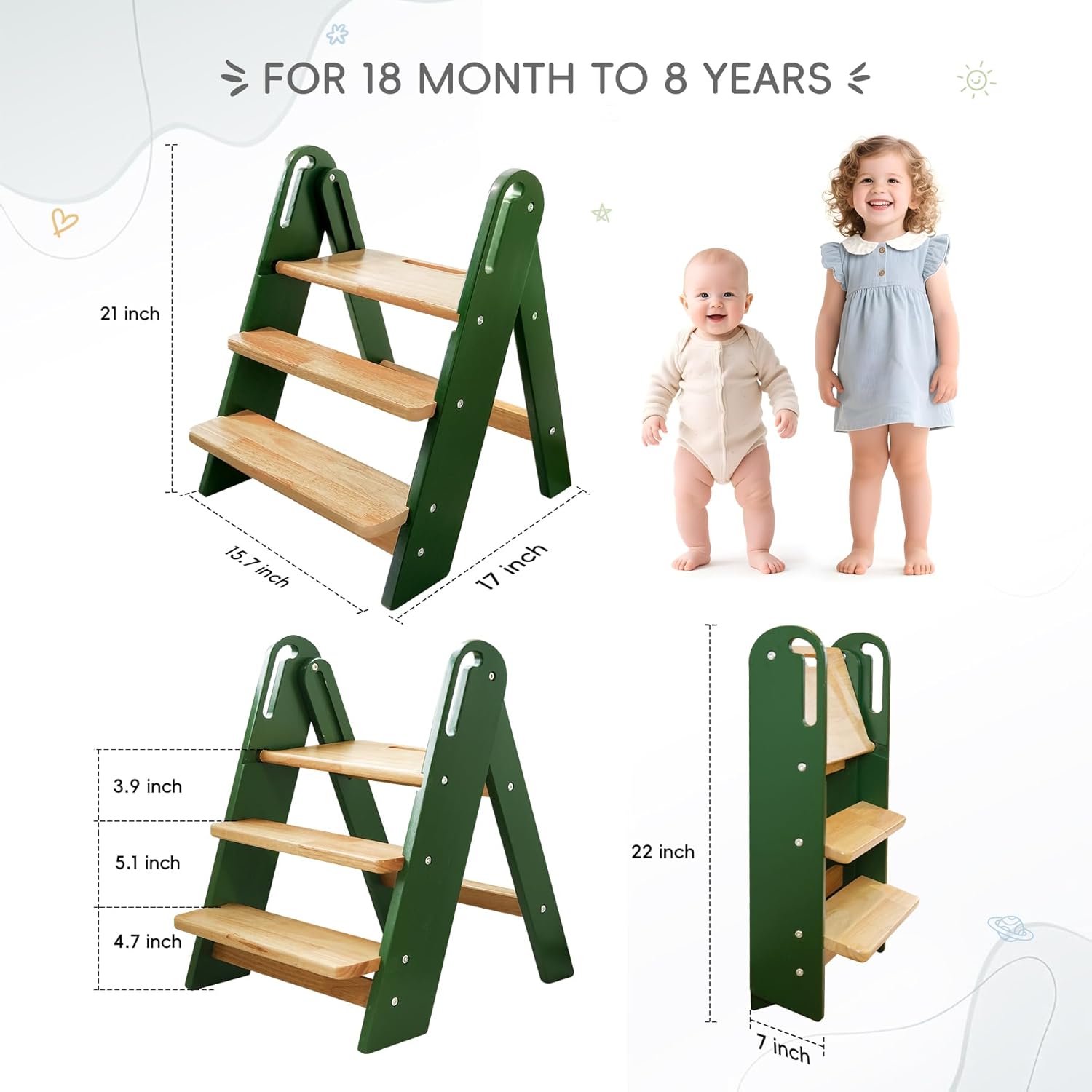 PRVAETU 3 layer Wooden Toddler Step Stool for Bathroom Sink, Foldable Kids Toilet Potty Training Stool with Handles, Child Kitchen Counter Tower Helper