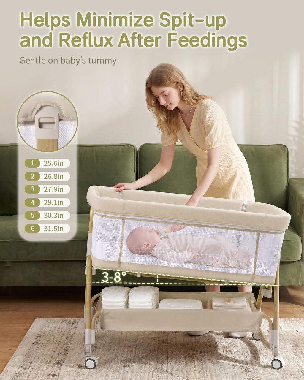 PRVAETU Baby Bassinet, 3-in-1 Baby Bassinet Bedside Sleeper with Wheels, Adjustable Easy Folding Portable Rocking Crib for Infant Newborn (Khaki)