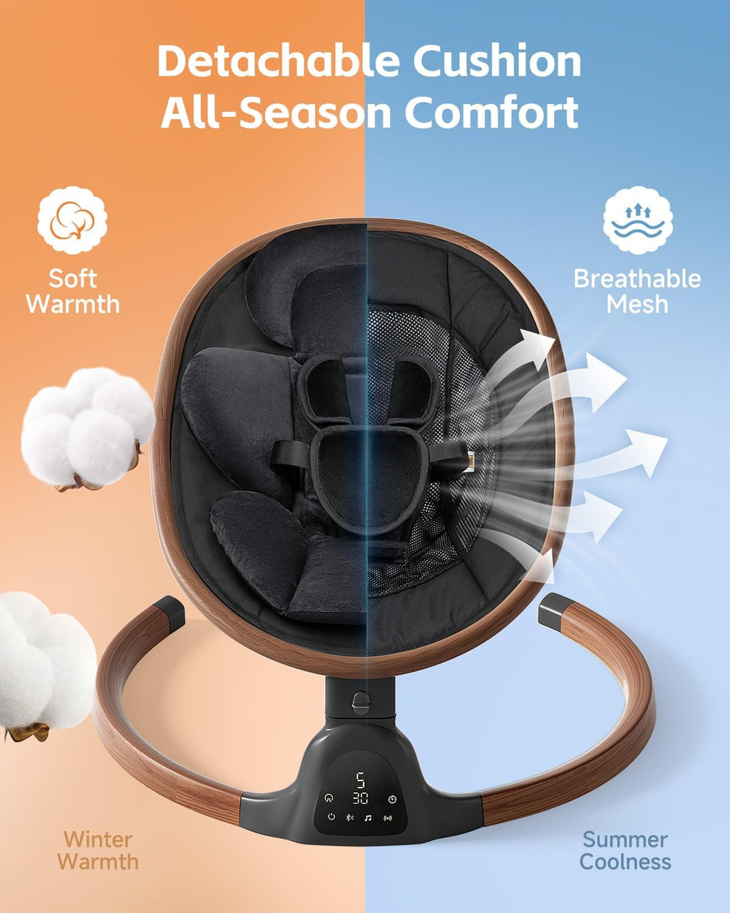 PRVAETU Baby Swing for Infants,5 Speeds,10 Lullabies,5-Point Harness,Electric Rocking Chair for Toddlers with Bluetooth,Remote Control,Touch Panel
