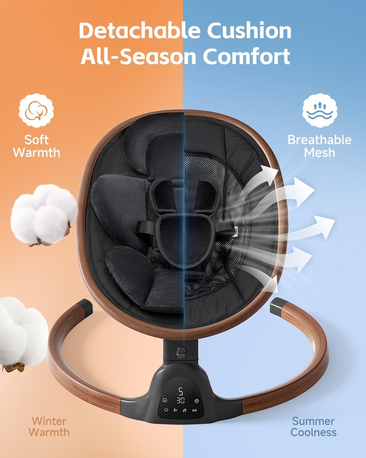 PRVAETU Baby Swing for Infants,5 Speeds,10 Lullabies,5-Point Harness,Electric Rocking Chair for Toddlers with Bluetooth,Remote Control,Touch Panel