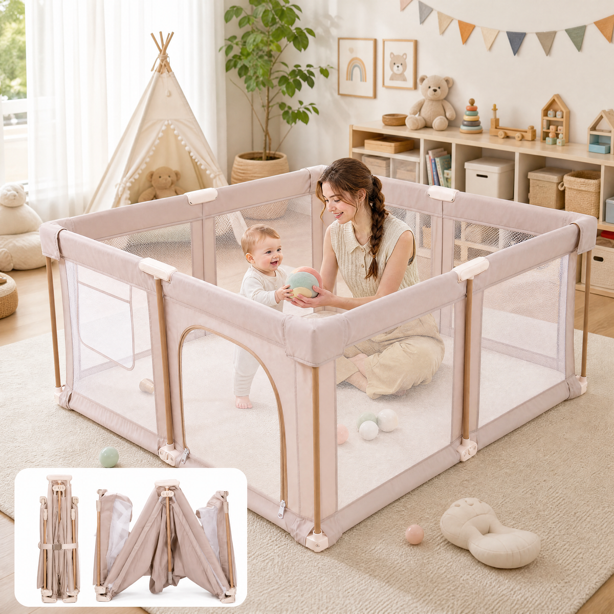 PRVAETU 51*59 Foldable Baby Playpen & Playard with Mat for Boys Girls