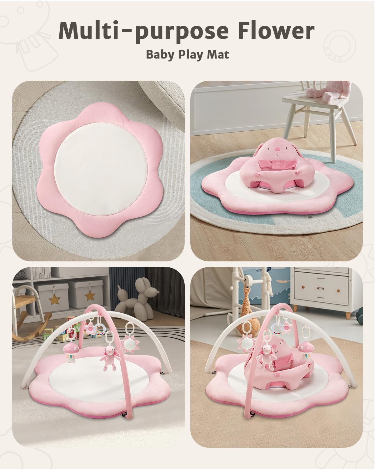 PRVAETU Baby Gym Play Mat, Sitting-up Babies Seats for Infants,with 5 Detachable Toys, Infant Toddler Activity Tummy Time Playmats for Newborn 0-12 Months