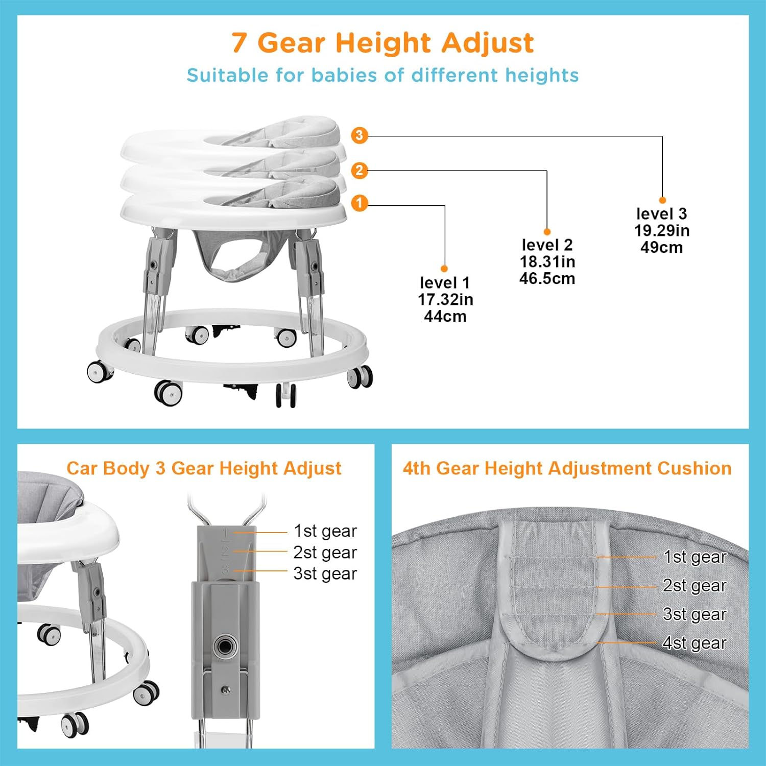 PRVAETU Foldable Baby Walker Activity Center W/ Wheels,Height Adjustable W/ Dinner Plate & Foot Pad for 6-18 Months Babies Infant Boys Girls