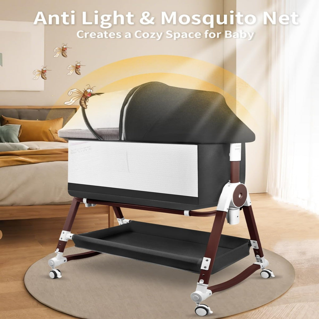 PRVAETU 4 in 1 Baby Bassinet Bedside Sleeper W/ Wheels,Storage Basket,Adjustable 7 Heights,Mosquito Net,Breathable Mesh Cradle for Infants Toddler