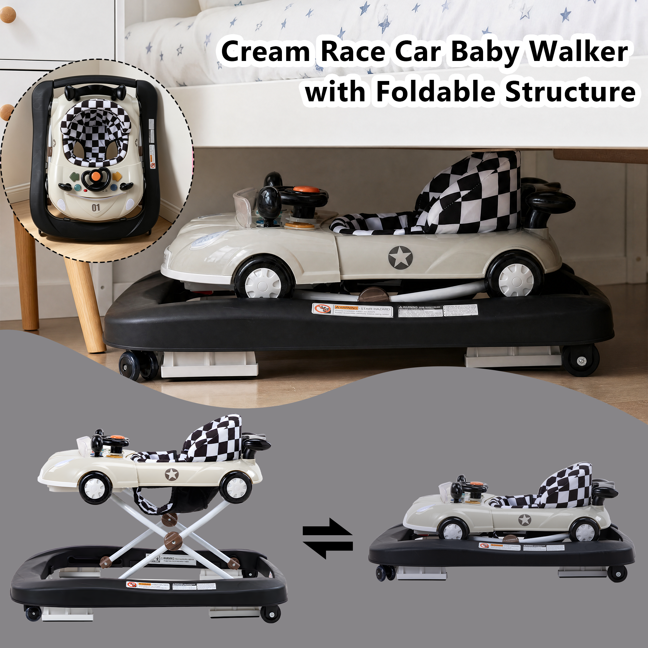 PRVAETU 5 in 1 Baby Walker Car-Shaped with Music,Lights,Foldable,Jumper,Rocking,Removable Plate for Infant Boys 6-18 Months