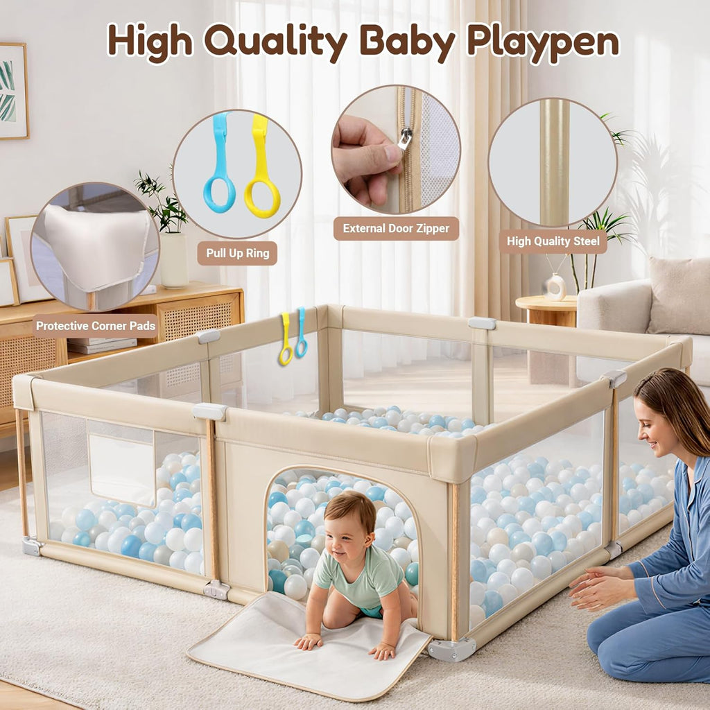 PRVAETU Foldable Baby Playpen with Mat, Play Yard Fence for Babies Boys Girls Toddlers, Large Playard W/ 300D Fabric for Infant and Kids
