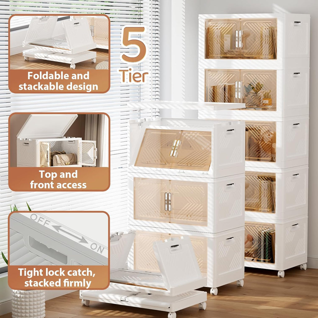 PRVAETU Storage Bins Storage Containers with Wheels and Magnetic Doors, Plastic Clothes Closet Organizers and Storage Box for Home and Office
