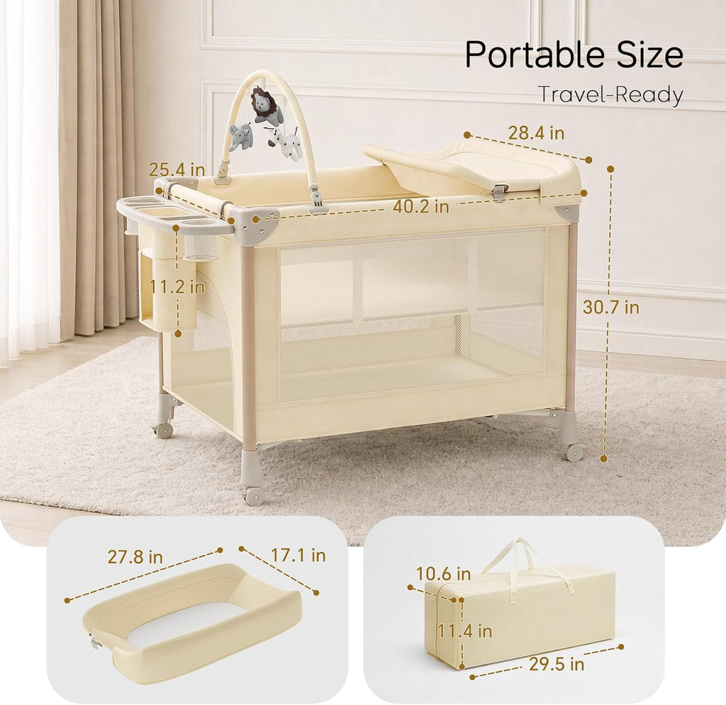 PRVAETU 4 in 1 Baby Playard with Changing Table & Mattress & 4 Movable Wheels & Toy Bar & Storage Bag, Bedside Bassinet Sleeper for Newborn