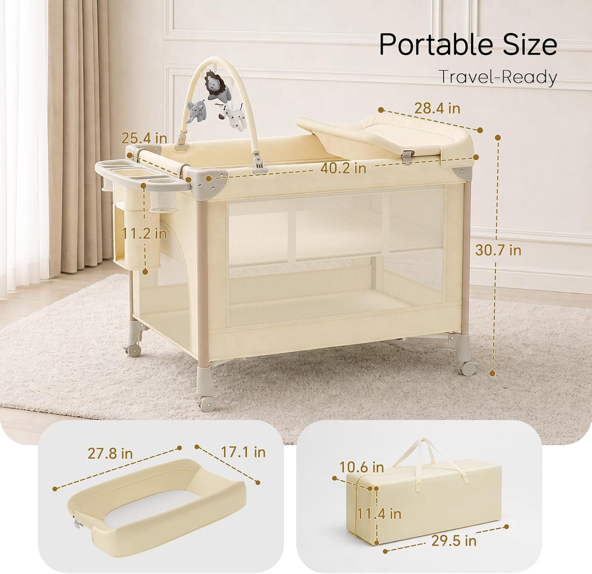 PRVAETU 4 in 1 Baby Playard with Changing Table & Mattress & 4 Movable Wheels & Toy Bar & Storage Bag, Bedside Bassinet Sleeper for Newborn