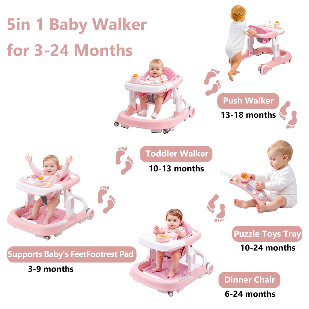 PRVAETU 4-in-1 Baby Walker with Wheels, Adjustable Height, Music and Light for Girls Boys Infant 6-18 Months