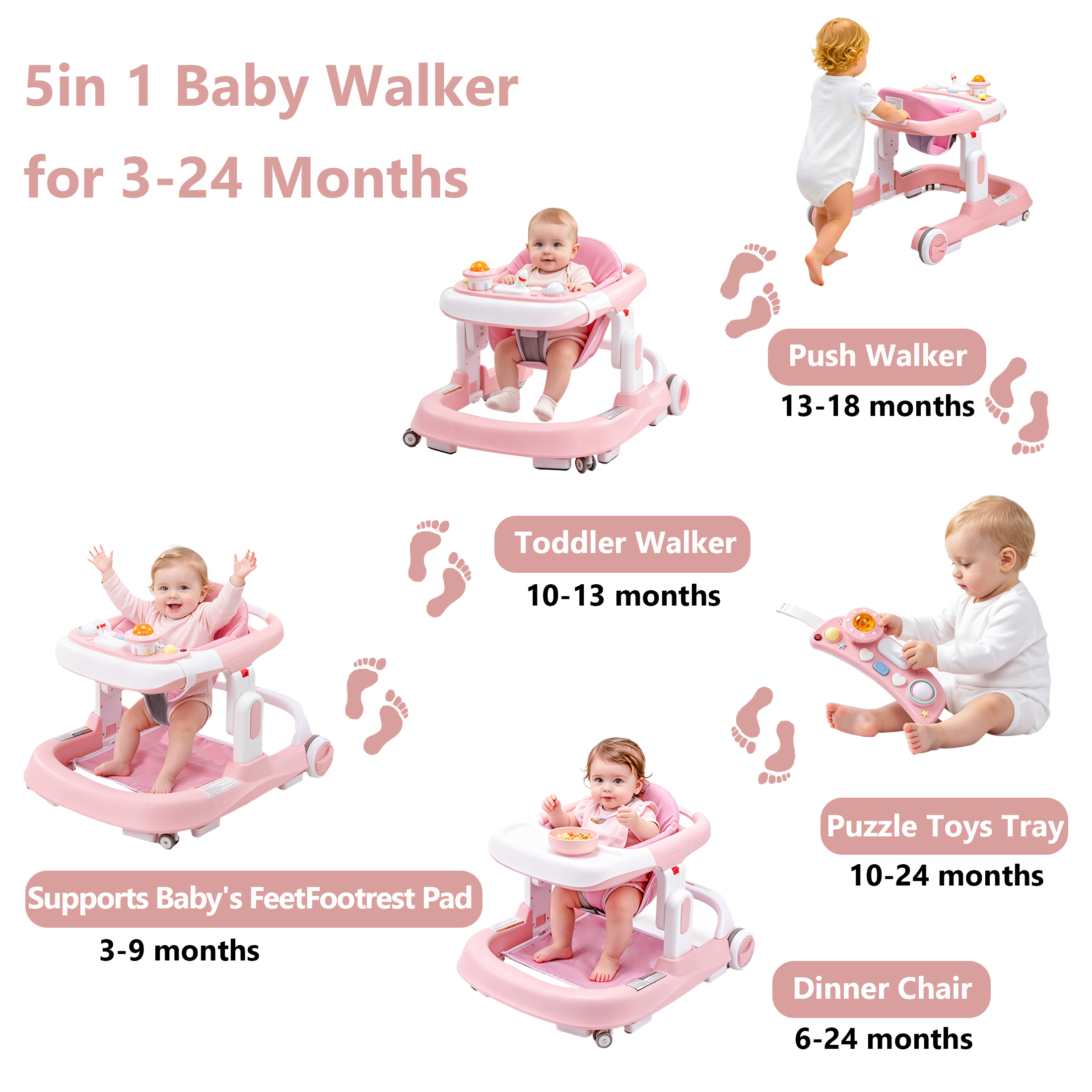 PRVAETU 4-in-1 Baby Walker with Wheels, Adjustable Height, Music and Light for Girls Boys Infant 6-18 Months