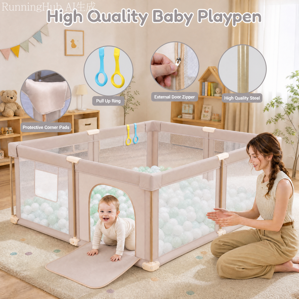 PRVAETU 51*59 Foldable Baby Playpen & Playard with Mat for Boys Girls