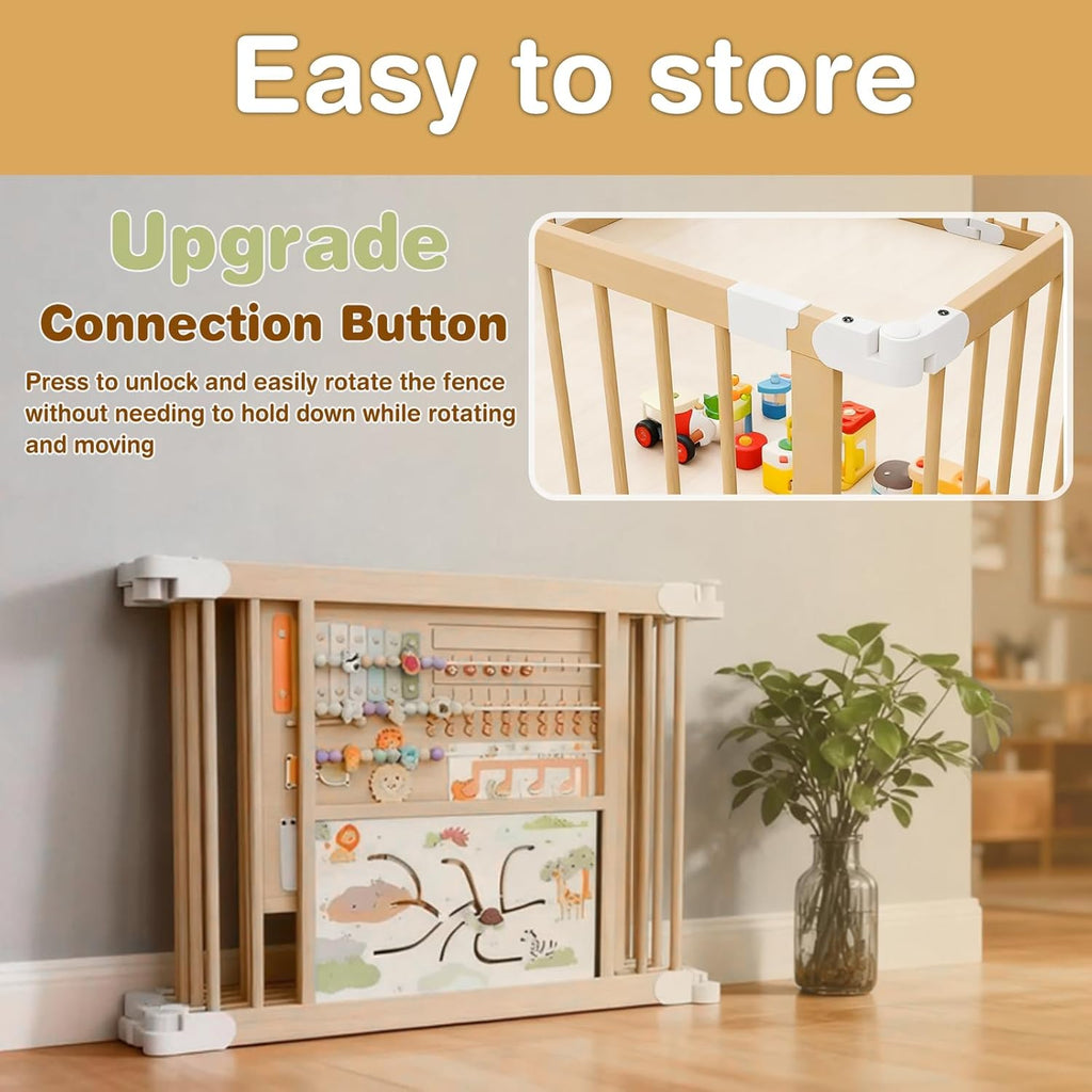 PRVAETU Foldable Wooden Baby Playpen with 2 Game Boards for Infant Girls & Boys, 10+ Toy Set, Large Play Yard Fence W/ Gate for Toddlers