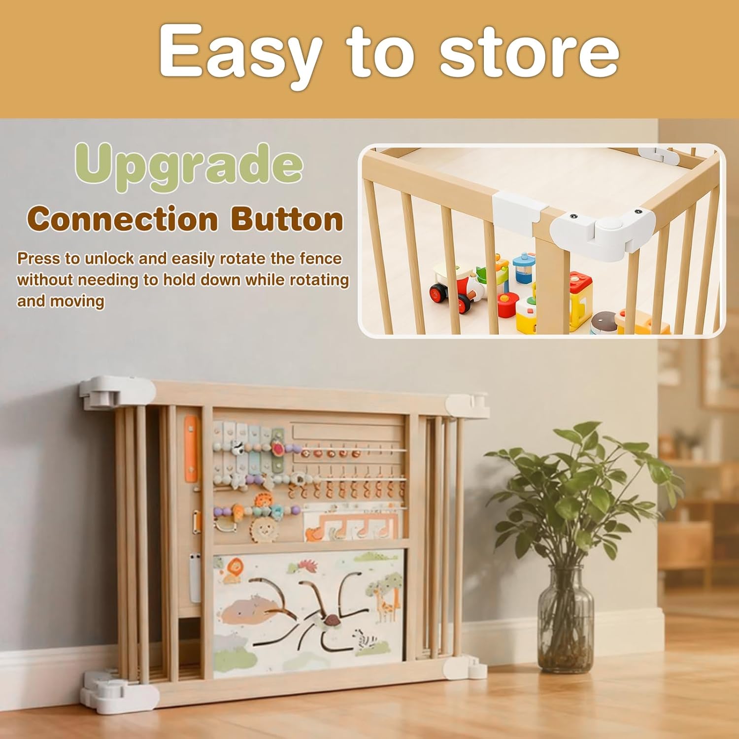 PRVAETU Foldable Wooden Baby Playpen with 2 Game Boards for Infant Girls & Boys, 10+ Toy Set, Large Play Yard Fence W/ Gate for Toddlers