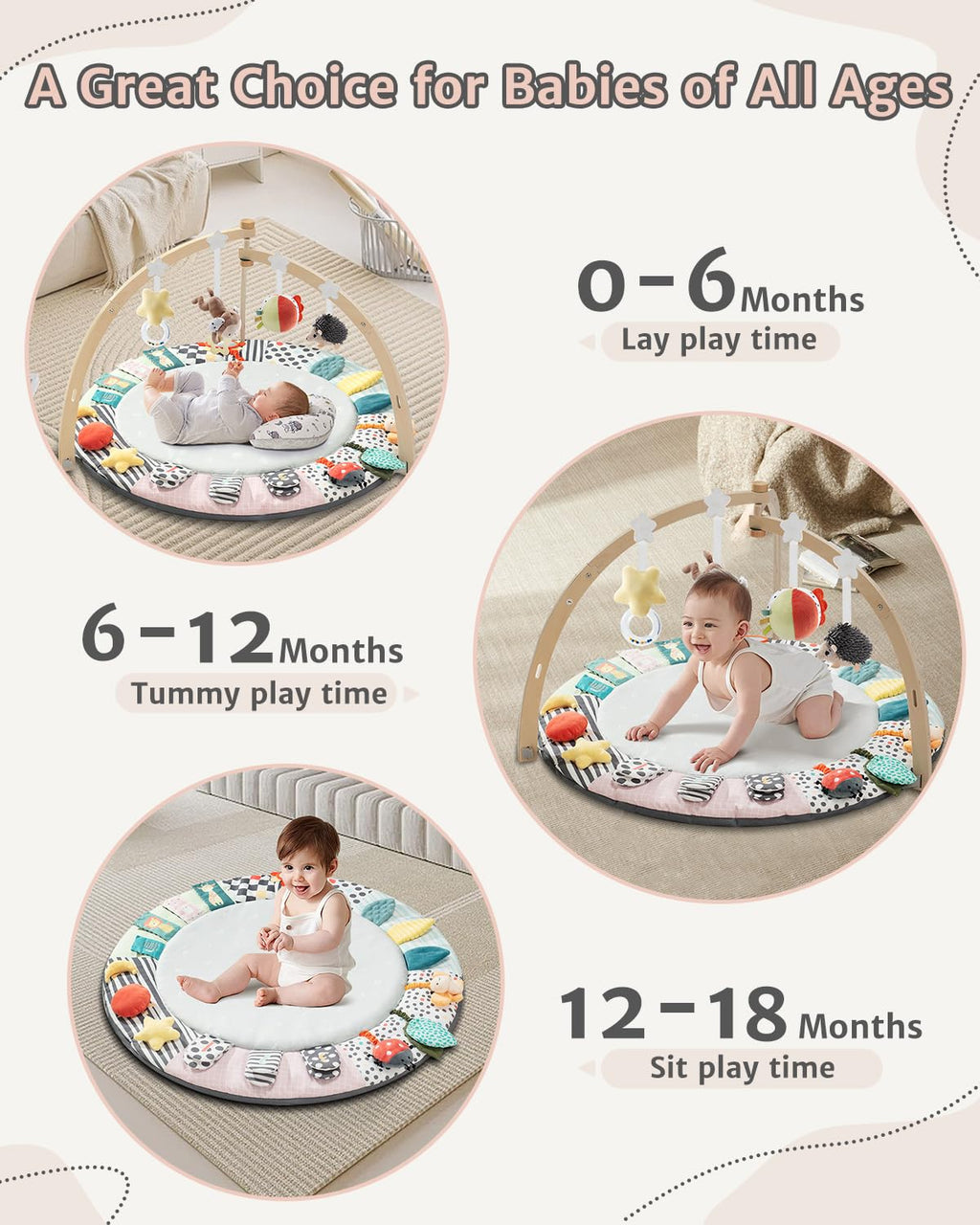 PRVAETU Wooden Baby Gym Play Mat, Foldable Tummy Time Playmat W/ 7 Detachable Toys for Infant Newborn Toddler Motor Skills Sensory Development