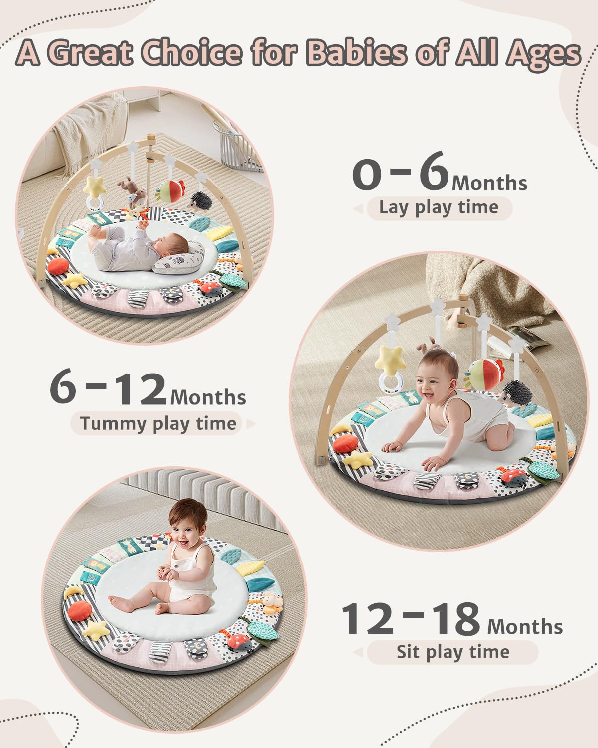 PRVAETU Wooden Baby Gym Play Mat, Foldable Tummy Time Playmat W/ 7 Detachable Toys for Infant Newborn Toddler Motor Skills Sensory Development