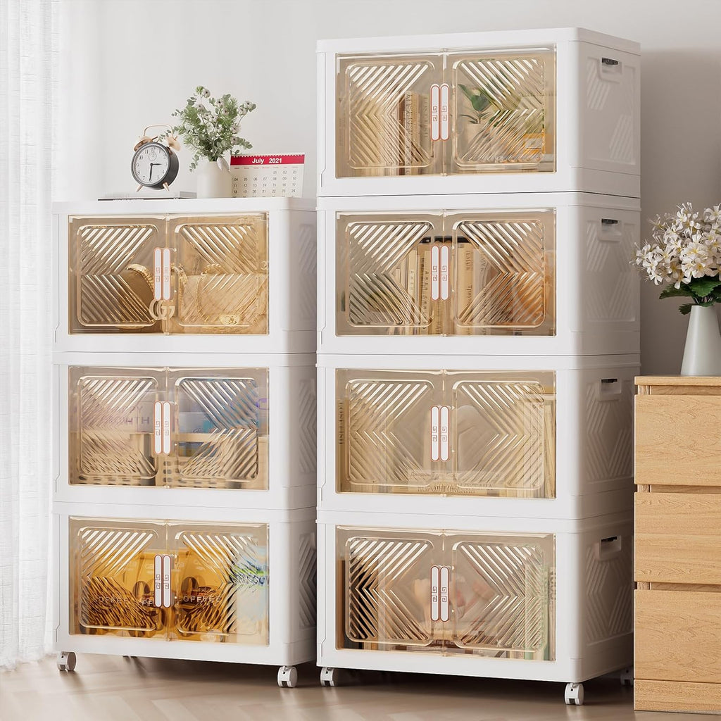 PRVAETU Storage Bins Storage Containers with Wheels and Magnetic Doors, Plastic Clothes Closet Organizers and Storage Box for Home and Office