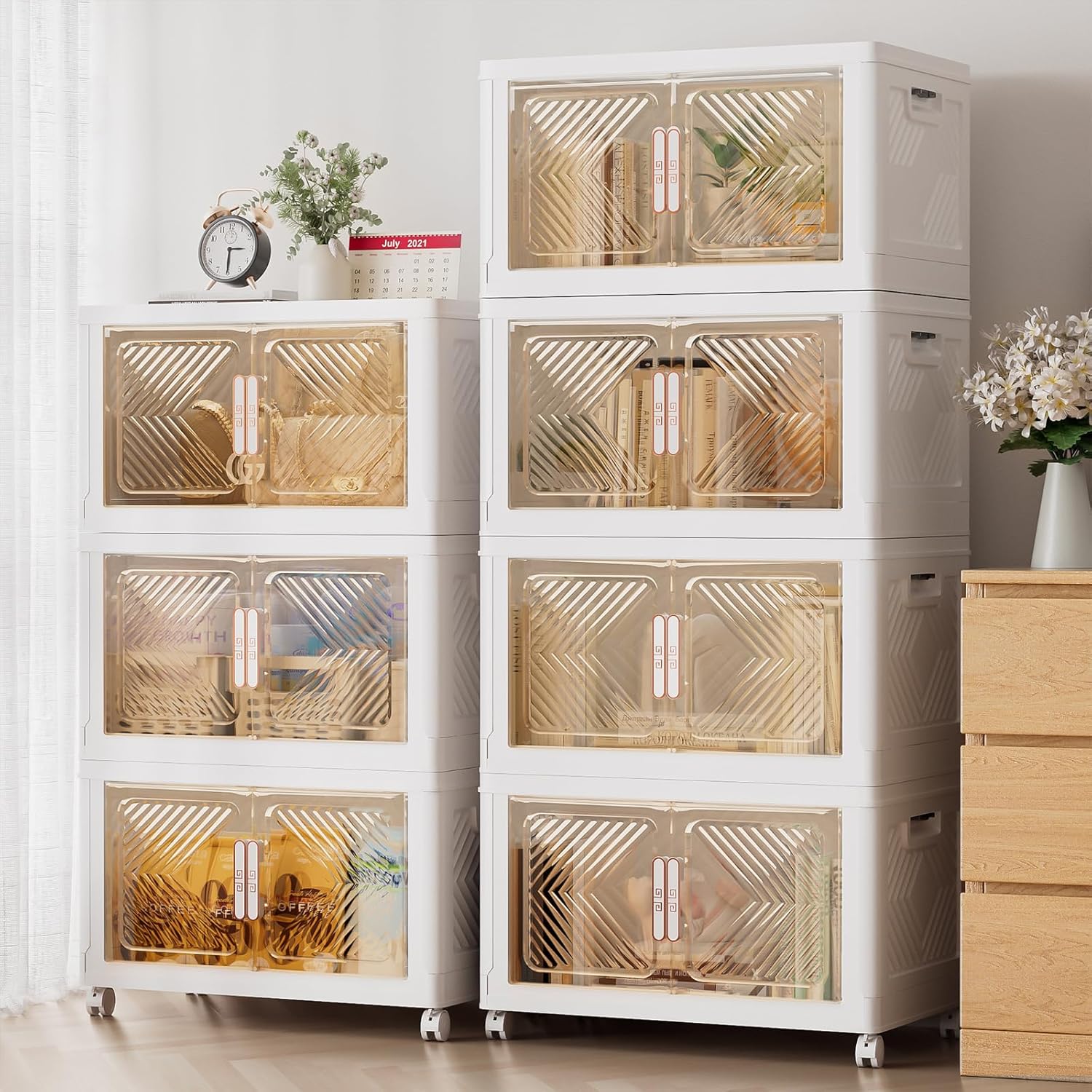 PRVAETU Storage Bins Storage Containers with Wheels and Magnetic Doors, Plastic Clothes Closet Organizers and Storage Box for Home and Office