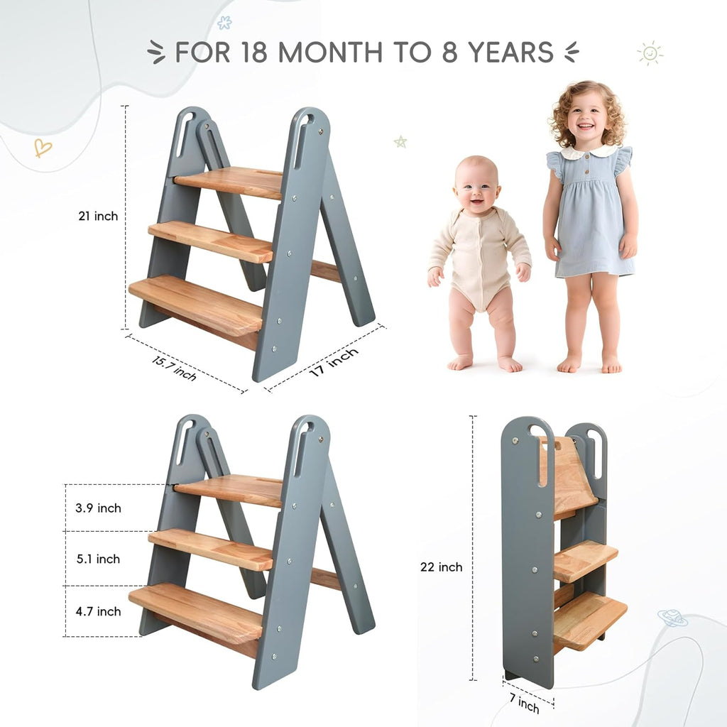 PRVAETU 3 layer Wooden Toddler Step Stool for Bathroom Sink, Foldable Kids Toilet Potty Training Stool with Handles, Child Kitchen Counter Tower Helper