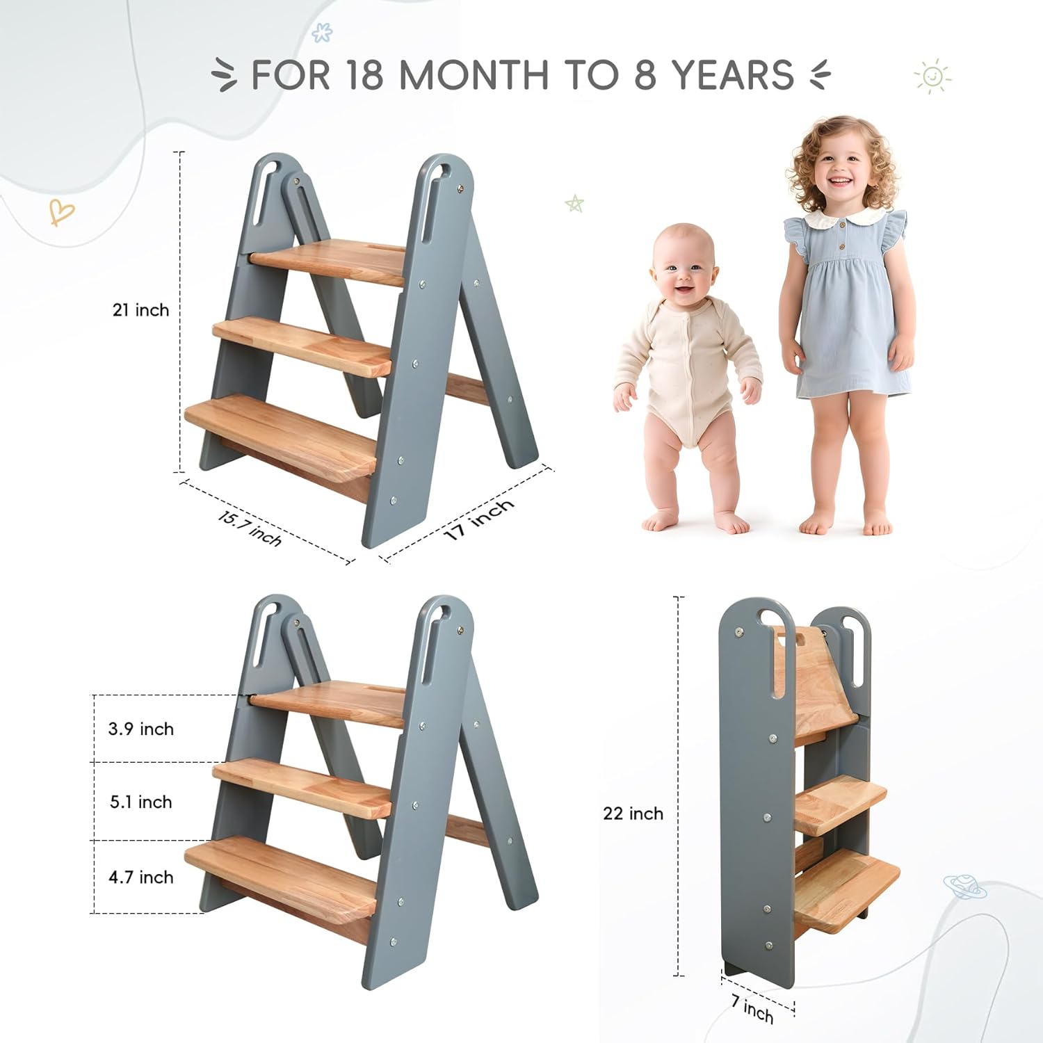PRVAETU 3 layer Wooden Toddler Step Stool for Bathroom Sink, Foldable Kids Toilet Potty Training Stool with Handles, Child Kitchen Counter Tower Helper