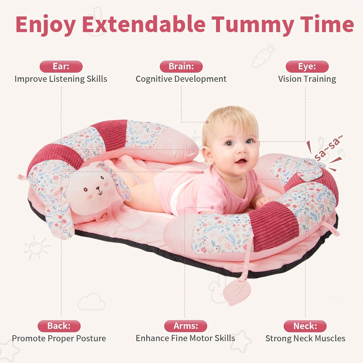 PRVAETU 2in1 Tummy Time & Seat Support Baby Play Mat with 5 Sensory Toys, Baby Floor Seat for Sitting, Soft, Supportive, Essentials Development Gifts for Newborn Infant