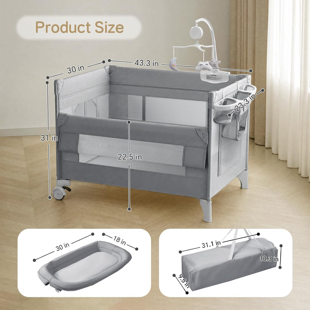 PRVAETU 4 in 1 Baby Bassinet for Baby, Bedside Bassinet & Crib Sleeper with Wheels, Diaper Changer, Mattress, Foldable Design for Newborn to Toddler