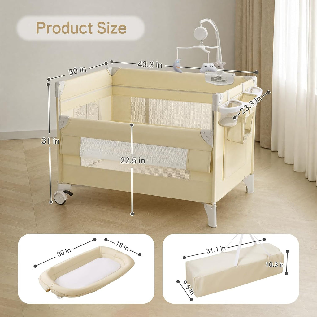 PRVAETU 4 in 1 Baby Bassinet for Baby, Bedside Bassinet & Crib Sleeper with Wheels, Diaper Changer, Mattress, Foldable Design for Newborn to Toddler