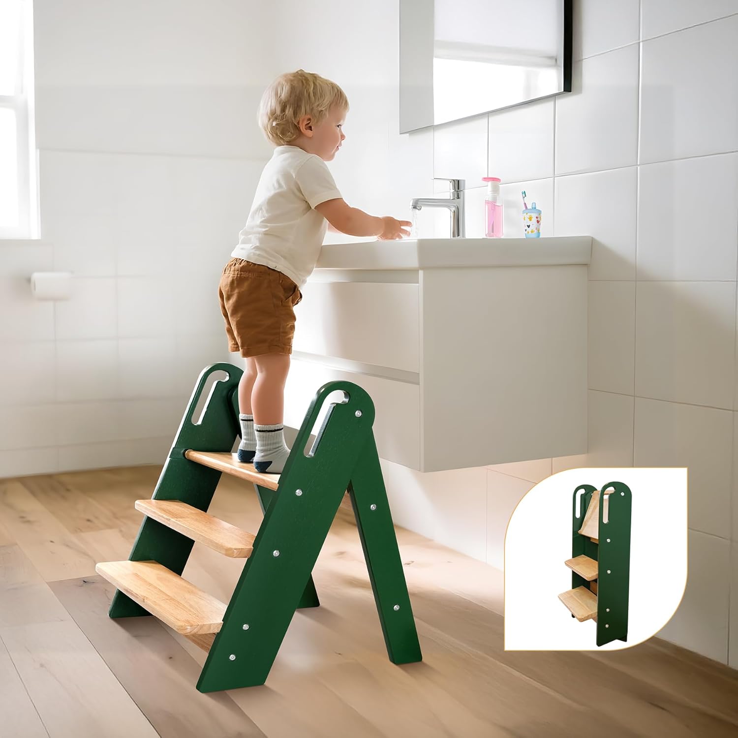 PRVAETU 3 layer Wooden Toddler Step Stool for Bathroom Sink, Foldable Kids Toilet Potty Training Stool with Handles, Child Kitchen Counter Tower Helper