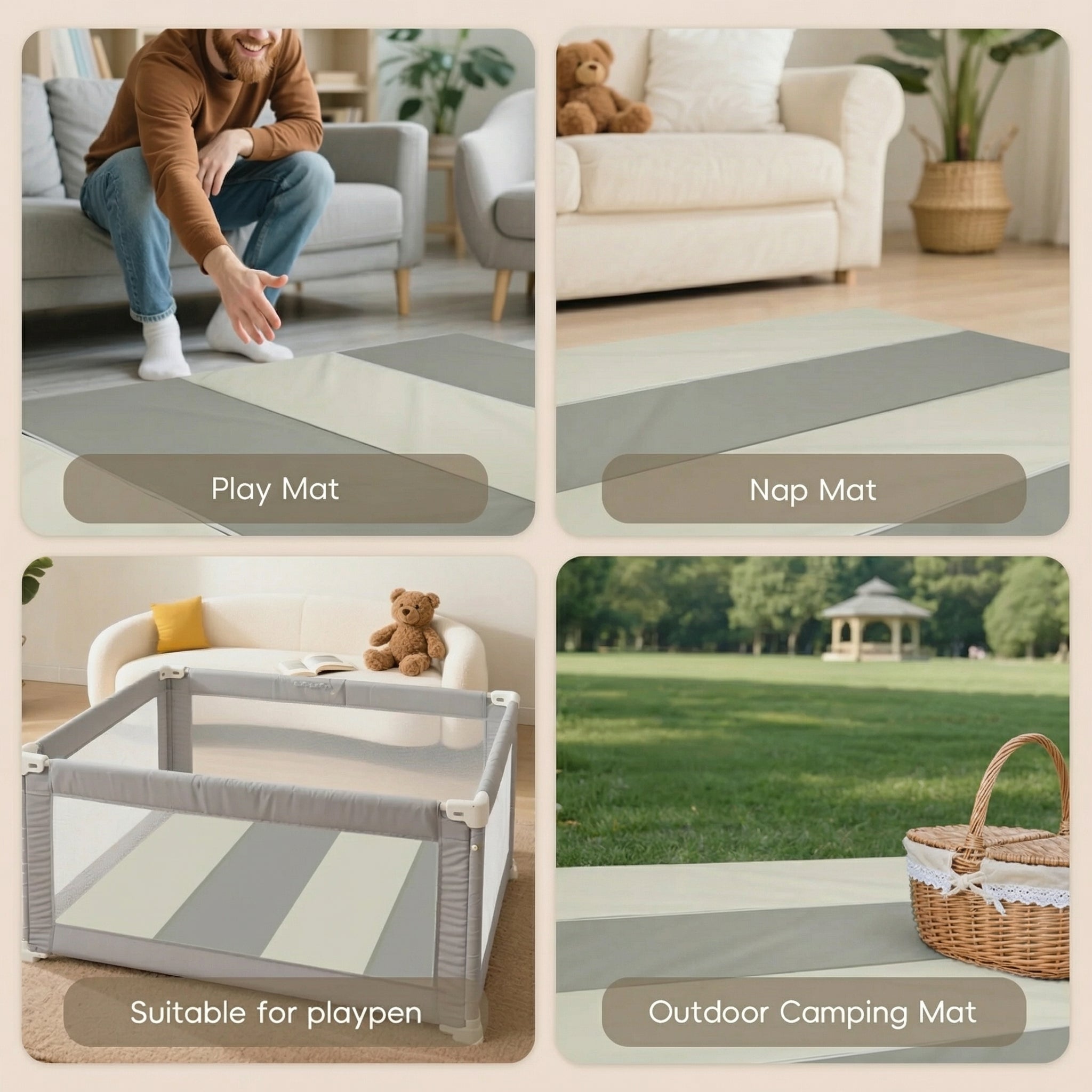PRVAETU Four-fold Yoga Mat & Exercise Mat, Baby Playmat Thick Foam Crawling & Tummy Time , Portable Floor Mat for Home Family Use