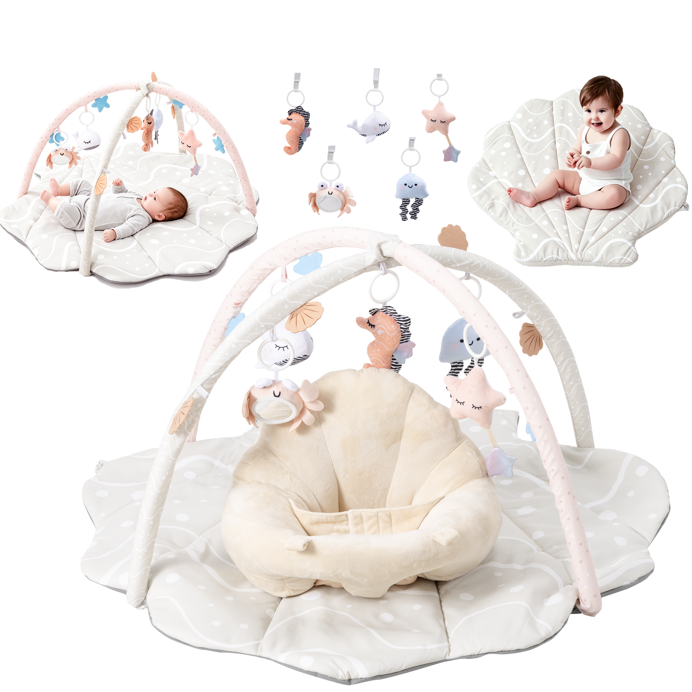 PRVAETU Baby Gym Playmat,Tummy Time Mat,Sit &amp;Play Activity Mat with 6 Detachable Toys,Washable Baby Mat &amp; Toys,Baby Gift for 0-18 Months
